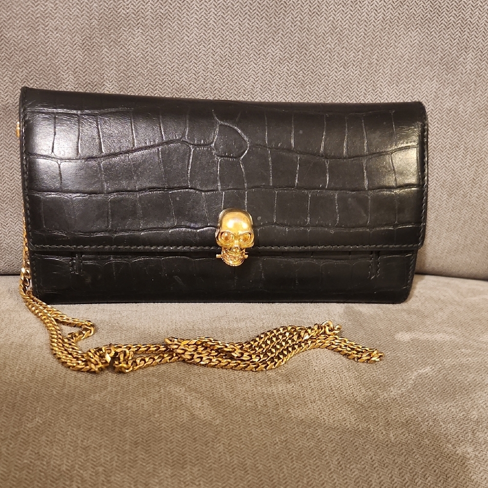 Alexander Mcqueen  Croc-Embossed Clutch Wallet with Gold Skull Accent